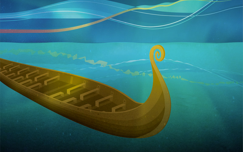 Illustrasjon av et Langskip fra vikingtiden (brukt som illustrasjon i rapporten regulatorisk læring fra CCS-prosjektet Langskip). Illustrasjon.