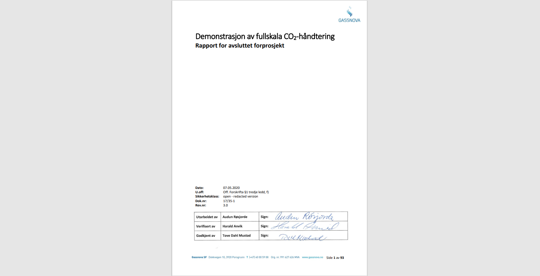 Skjermbilde av forsiden til rapporten Demonstrasjon av fullskala CO2-håndtering. Foto.