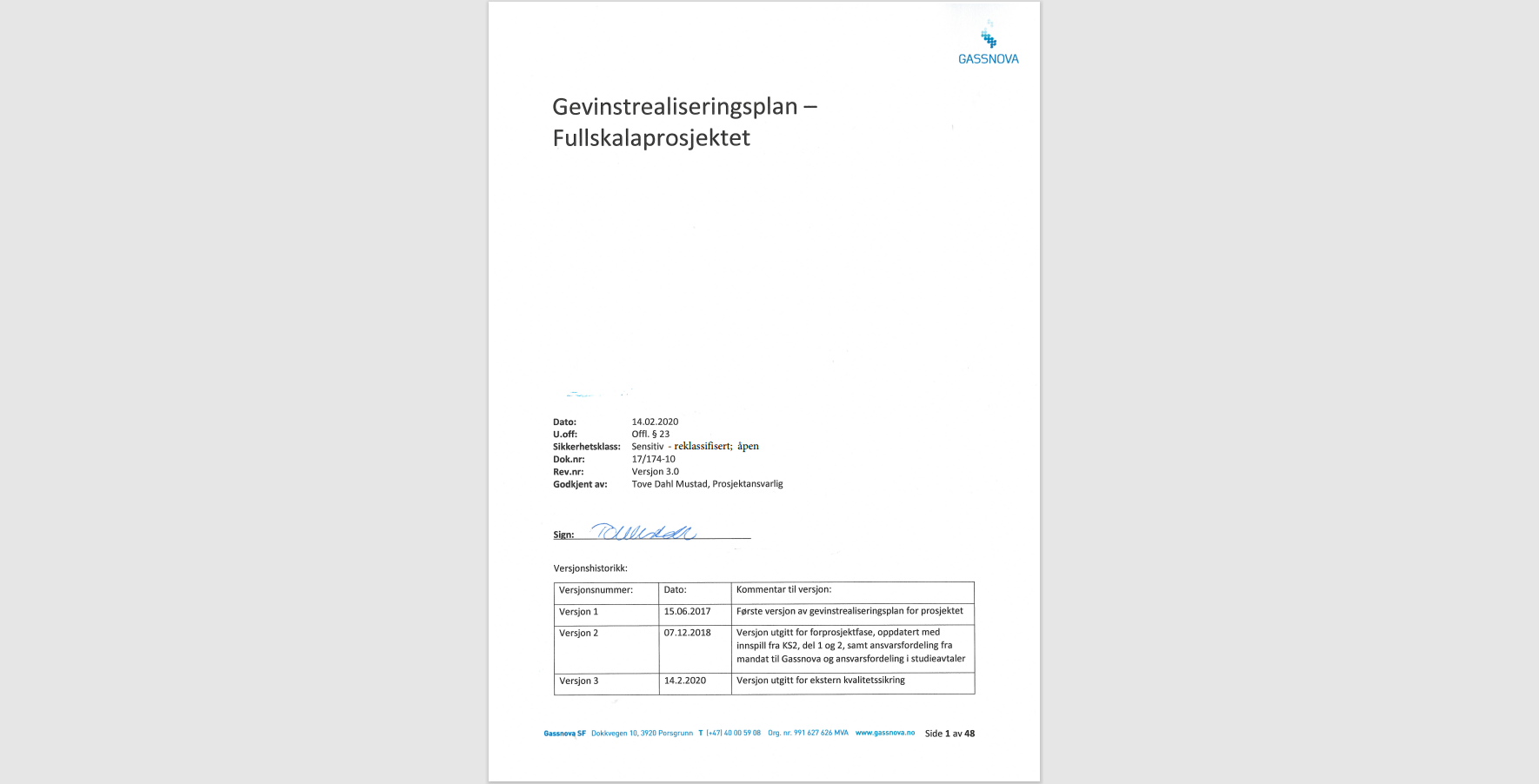 Skjermbilde av forsiden til rapporten Gevinstrealiseringsplan - Fullskalaprosjektet. Foto.