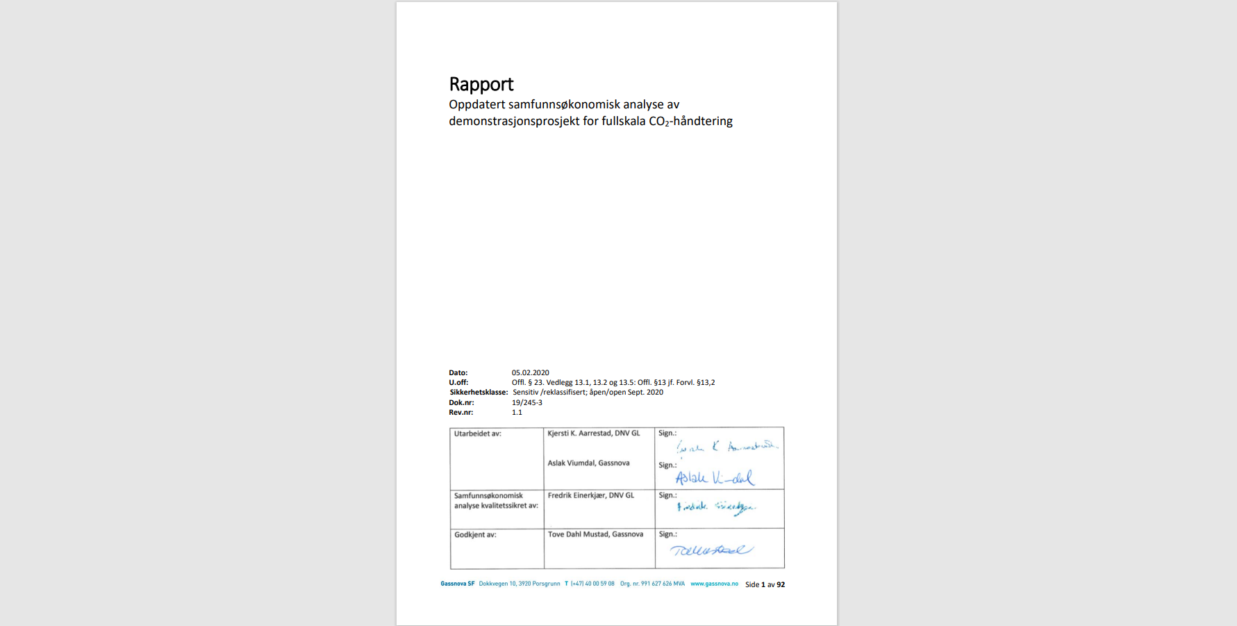 Skjermbilde av forsiden til rapporten Oppdatert samfunnsøkonomisk analyse av demonstrasjonsprosjekt for fullskala CO2-håndtering. Foto.