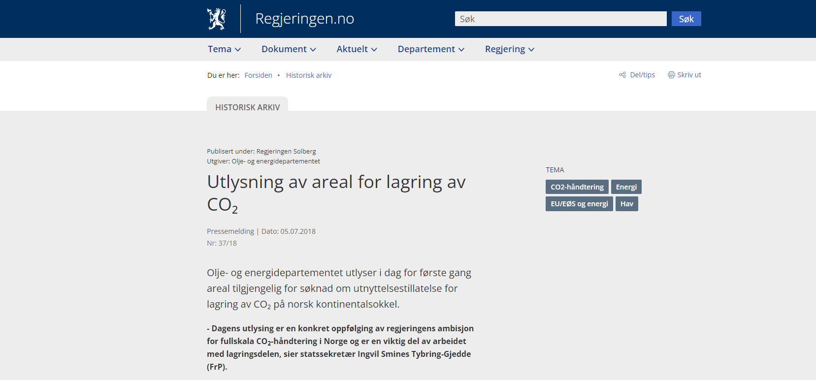 Skjermbilde av regjeringens nettside. Foto