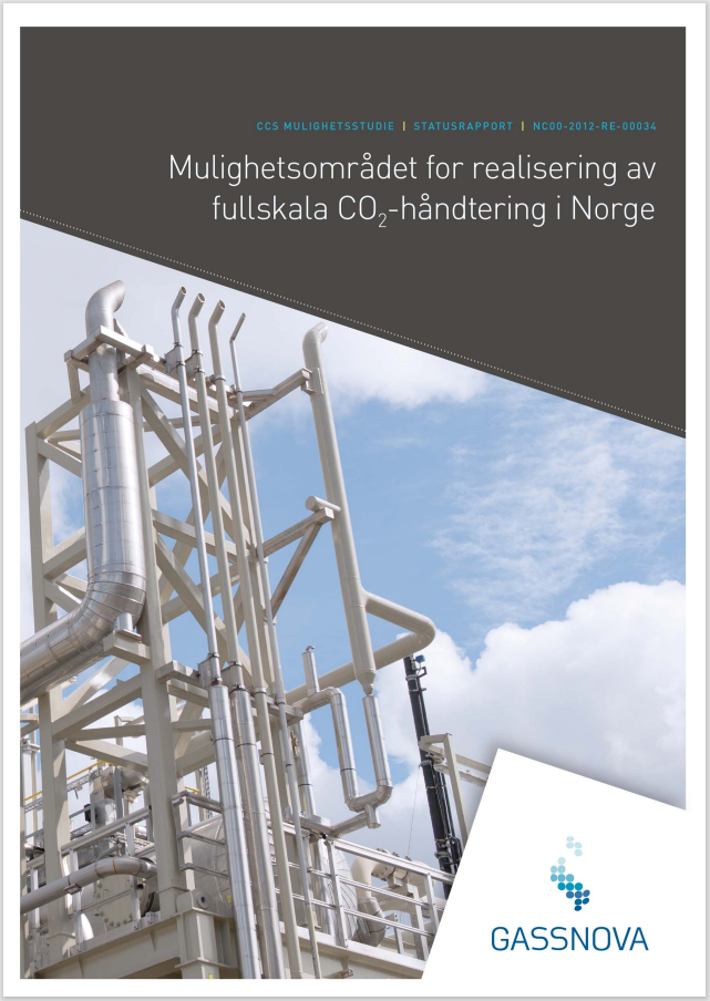 Skjermbilde av forsiden til rapporten Mulighetsområdet for realisering av fullskala CO2-håndtering i Norge. Foto.