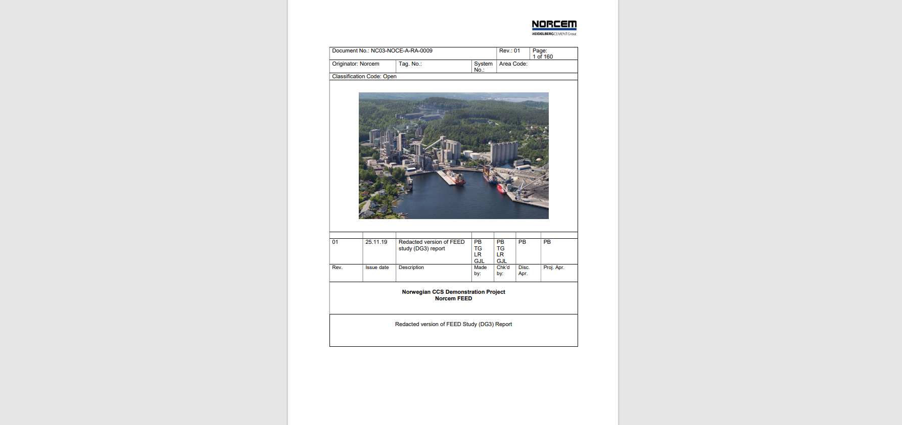 Skjermbilde av forsiden til rapporten Norcem FEED. Foto.