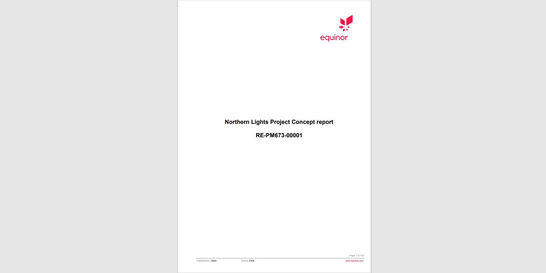 Skjermbilde av forsiden til rapporten Northern Lights Project Concept Report. Foto.